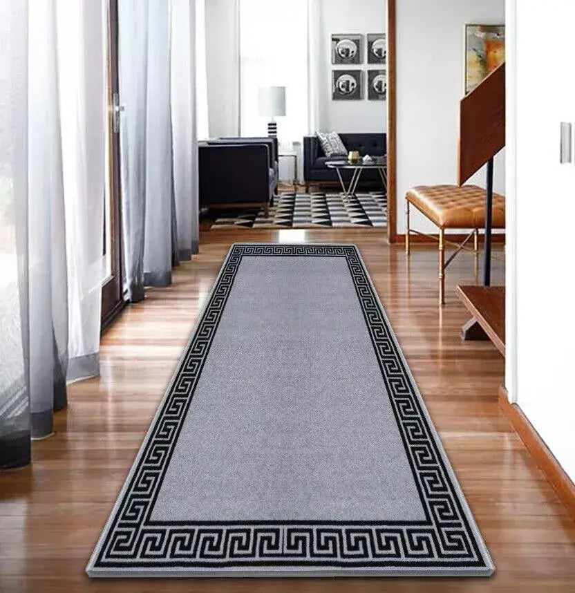 Washable Greek Key Runner Rugs Grey & Black (GK)