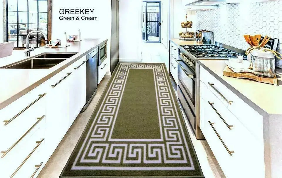 Washable Greek Key Runner Rugs Green & Cream (GK)