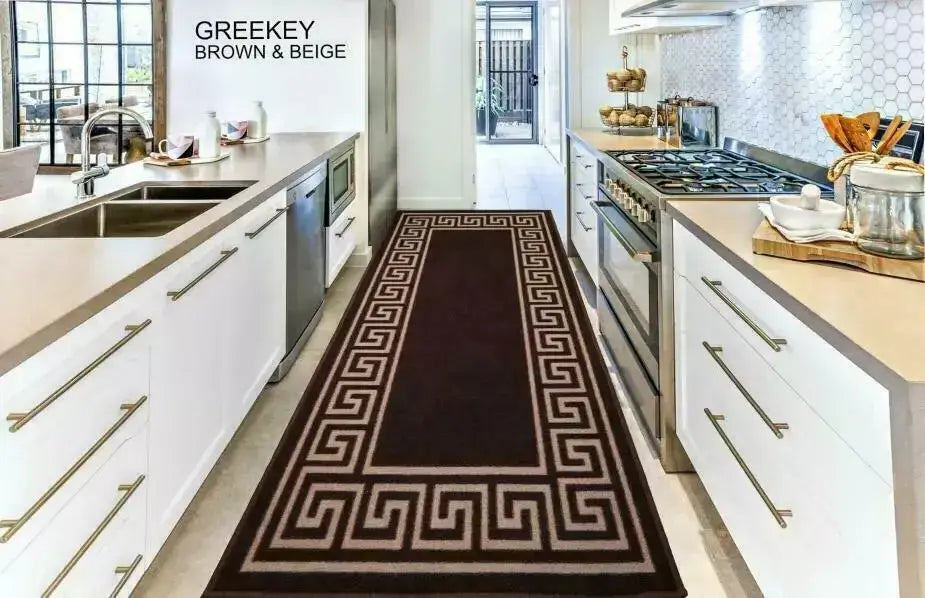 Washable Greek Key Runner Rugs Brown & Beige (GK)