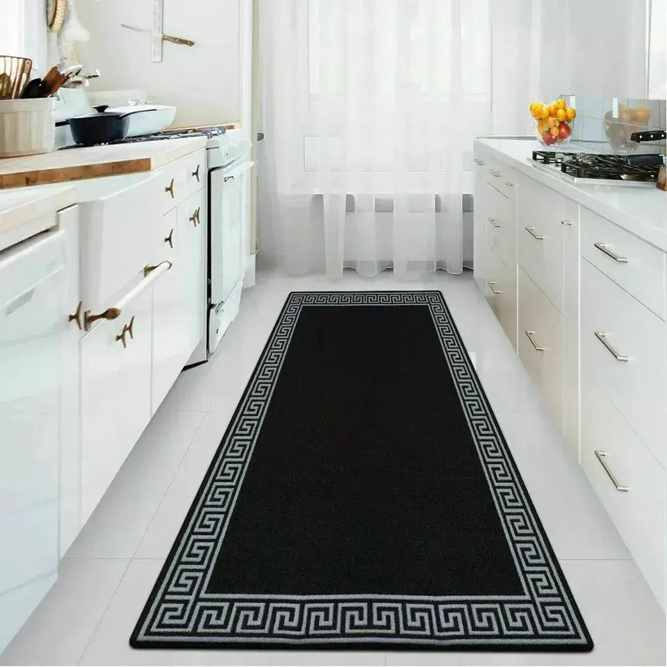Washable Greek Key Runner Rugs Black & Grey (GK)