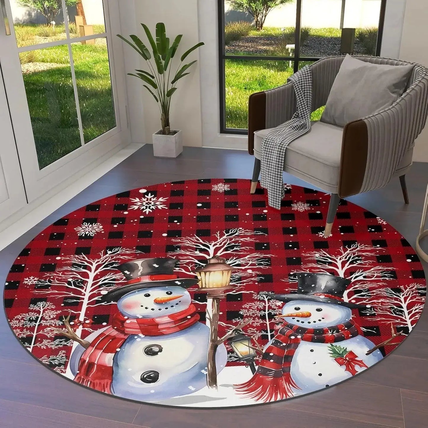 Red Check Snowman Round Christmas Rug