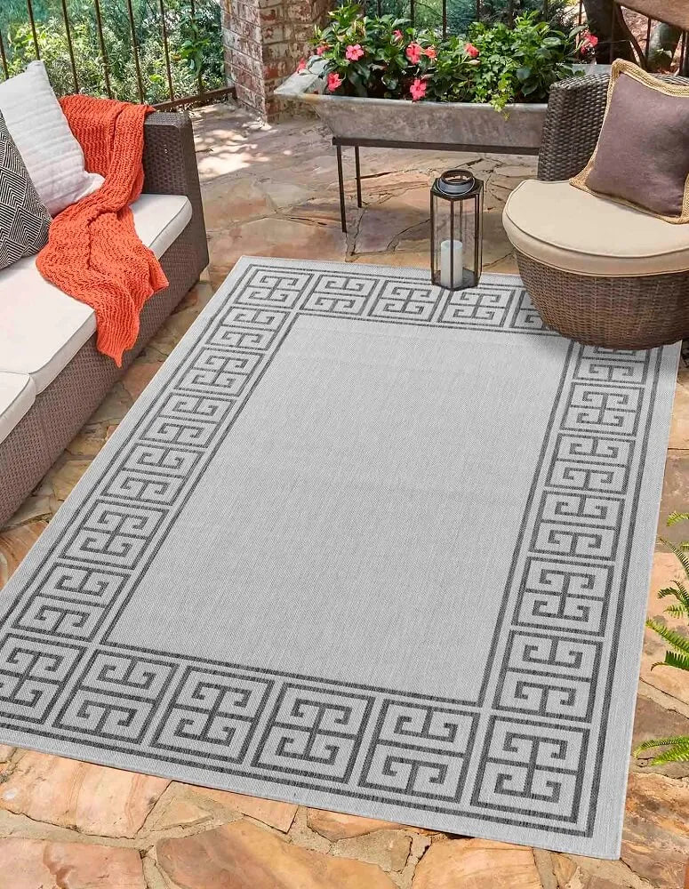 Sky Greek Key Living Room Area Rug Dark Grey