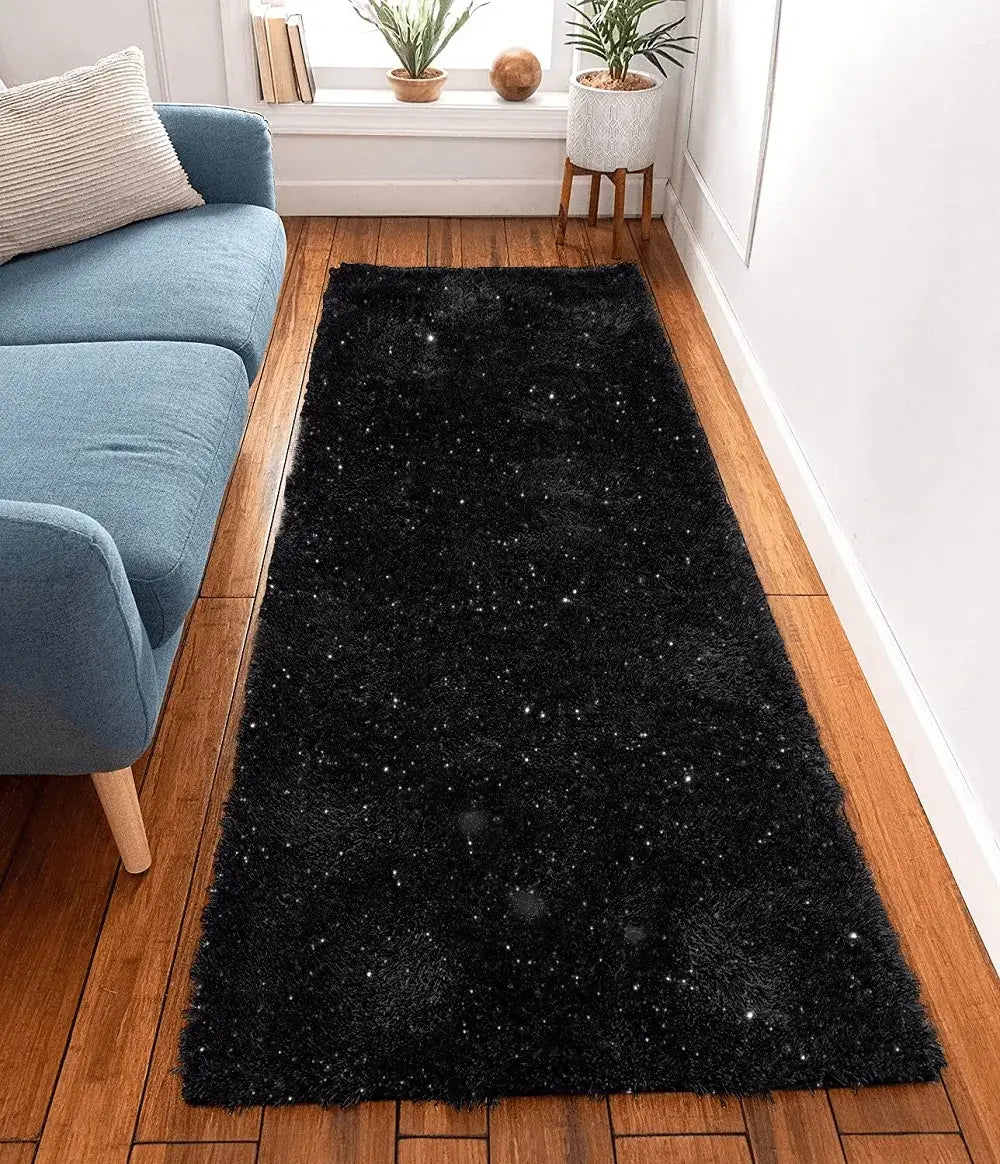 Shimmer Shaggy Fluffy Rugs Black (Nat)