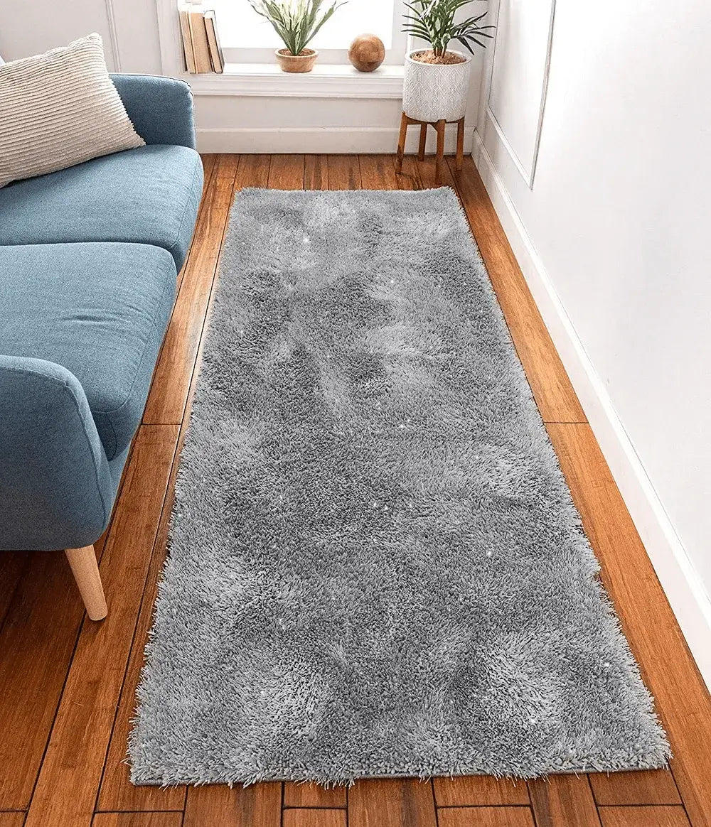 Shimmer Shaggy Fluffy Rugs Silver (Nat)