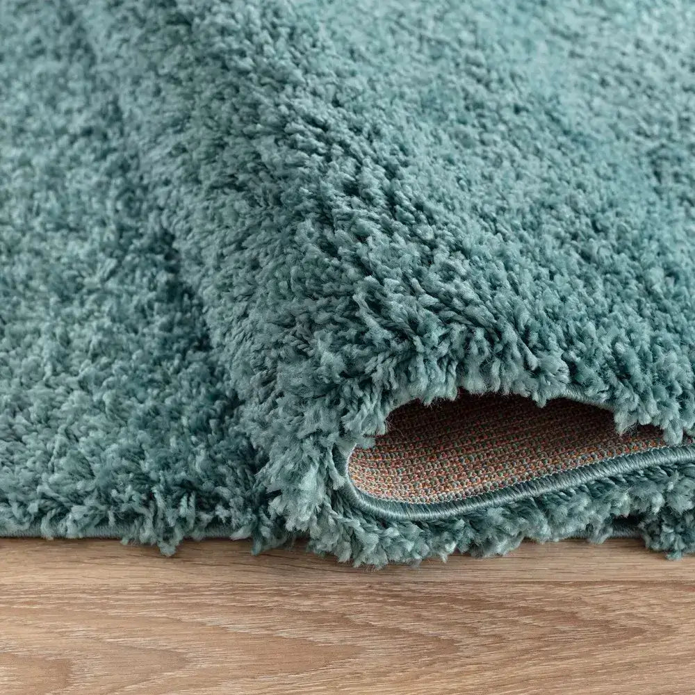 closeup of soft duck egg shaggy rug in a modern living room