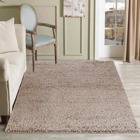 soft light beige shaggy rug in a modern living room