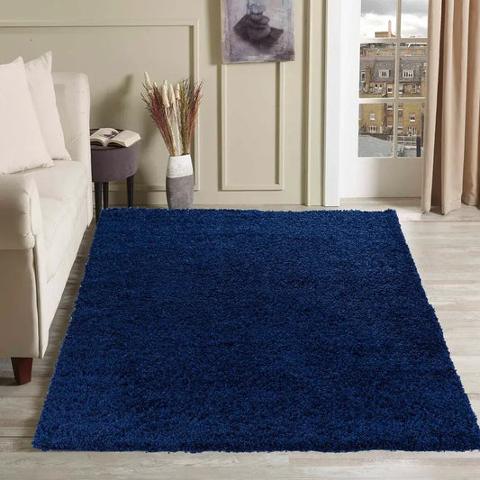 soft navy blue shaggy rug in a modern living room