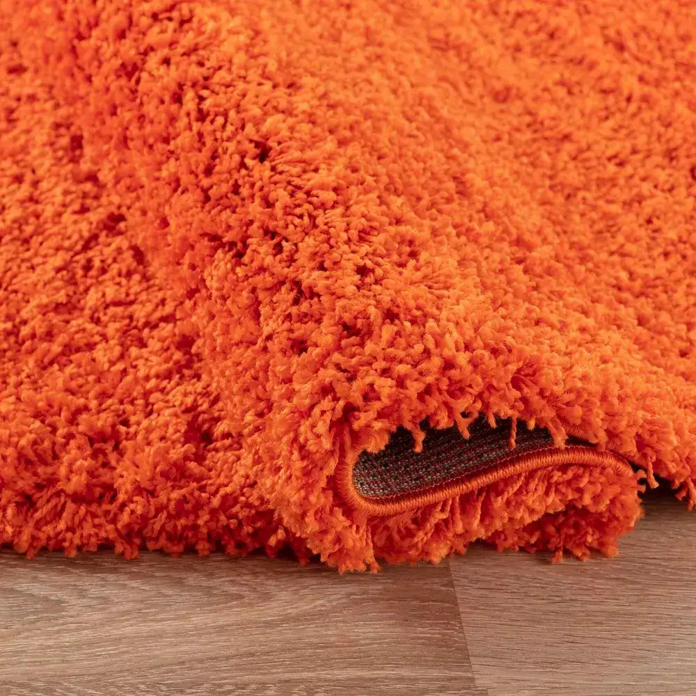 closeup of soft orange shaggy rug in a modern living room