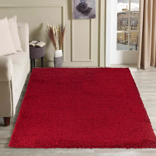 soft red shaggy rug in a modern living room