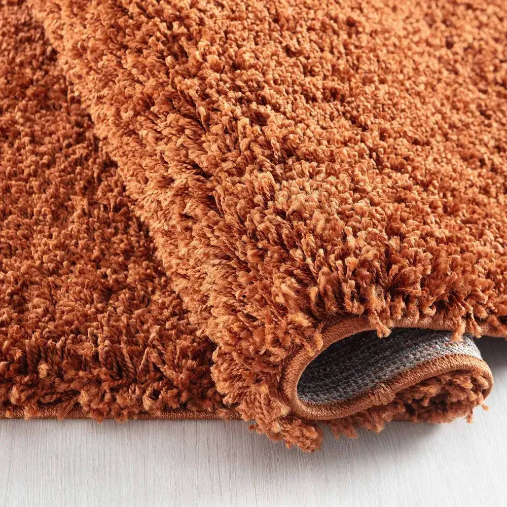 closeup of soft terracotta shaggy rug in a modern living room