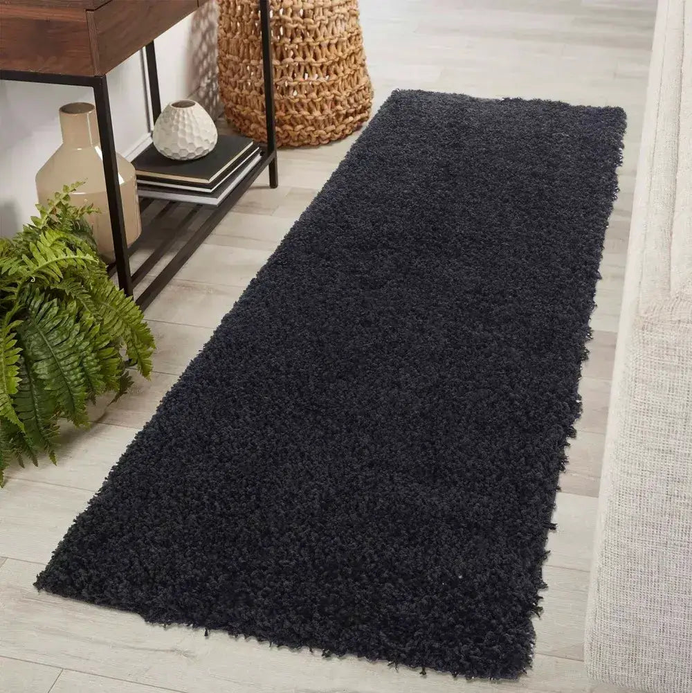 soft black shaggy runner rug in a modern living room