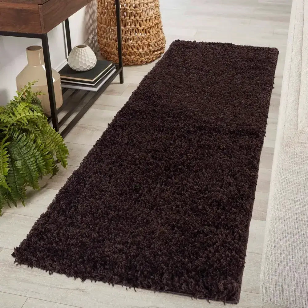 soft brown shaggy runner rug in a modern living room