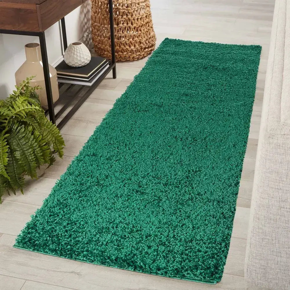 soft emerald shaggy runner rug in a modern living room