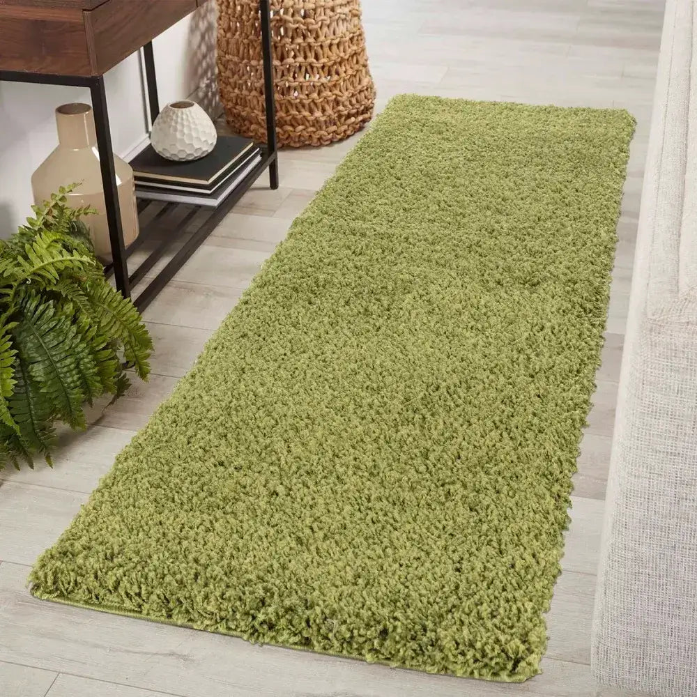 soft green shaggy runner rug in a modern living room