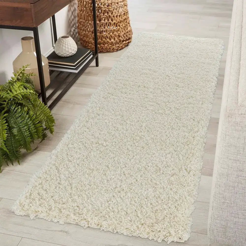soft ivory shaggy runner rug in a modern living room