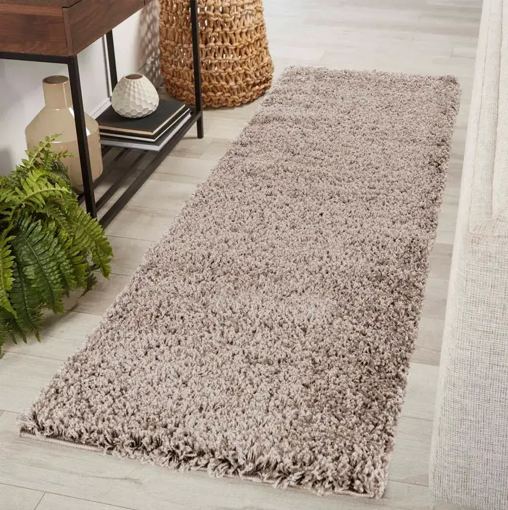 soft light beige shaggy runner rug in a modern living room