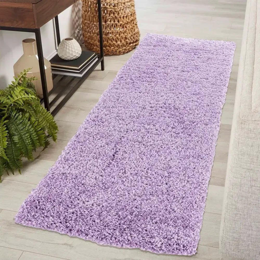 soft lilac shaggy runner rug in a modern living room