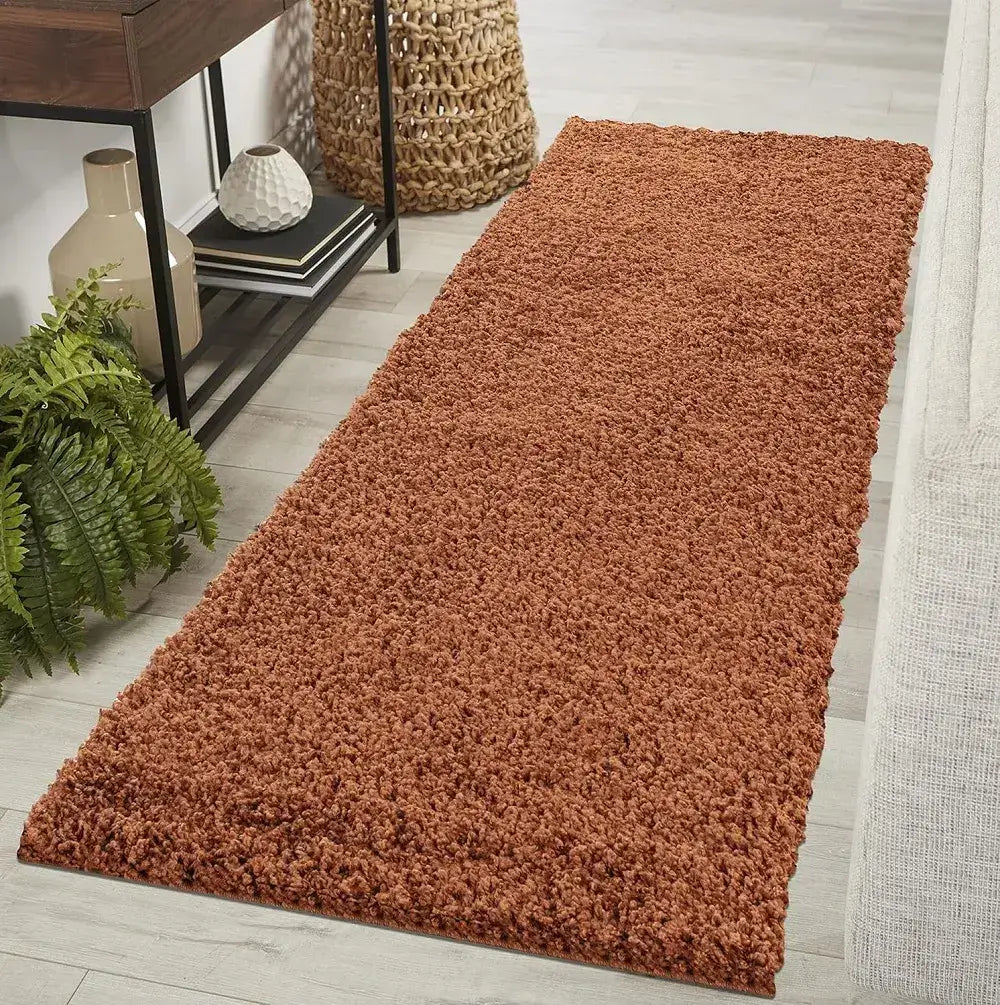 soft terracotta shaggy runner rug in a modern living room