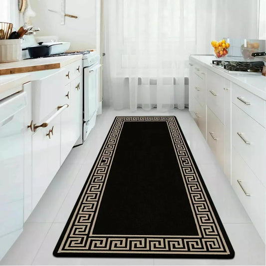 Washable Greek Key Runner Rugs Black & Beige (GK)