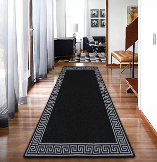 Washable Greek Key Runner Rugs Black & Grey (GK)