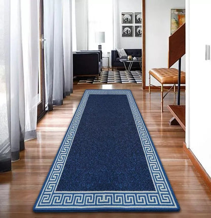 Washable Greek Key Runner Rugs Blue & Cream (GK)