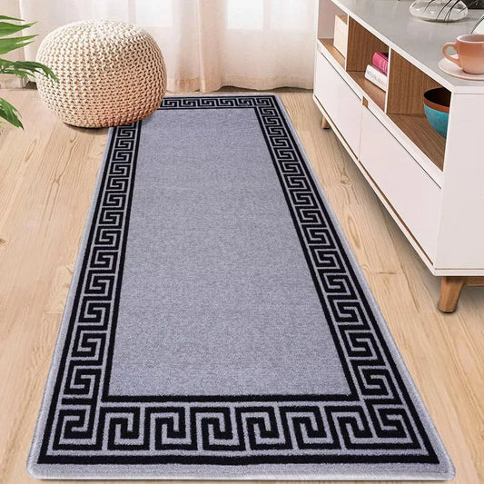 Washable Greek Key Runner Rugs Grey & Black (GK)