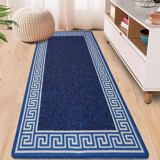 Washable Greek Key Runner Rugs Blue & Cream (GK)