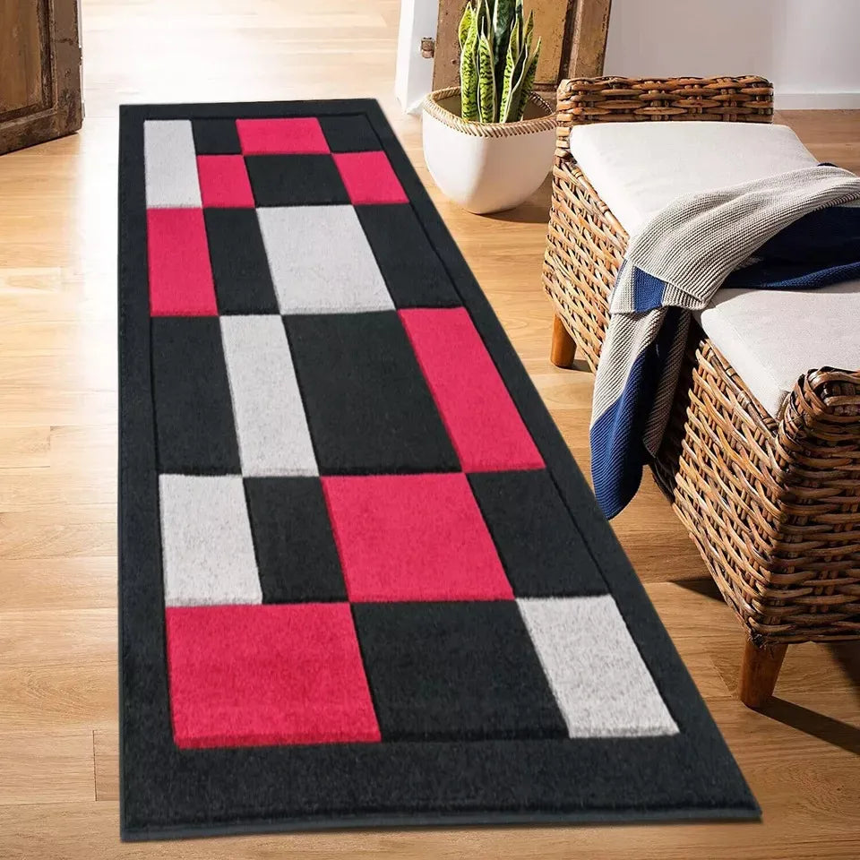 Modern Hand Carved Runner Rugs Black Red (Hav)