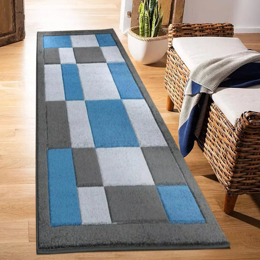 Modern Hand Carved Runner Rugs Dark Grey & Blue (Hav)