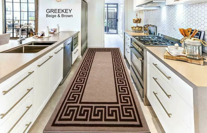 Washable Greek Key Runner Rugs Beige & Brown (GK)