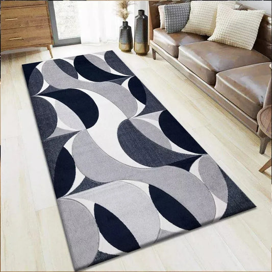 Geometric Hand Carved Runner Rugs Navy (Ken)