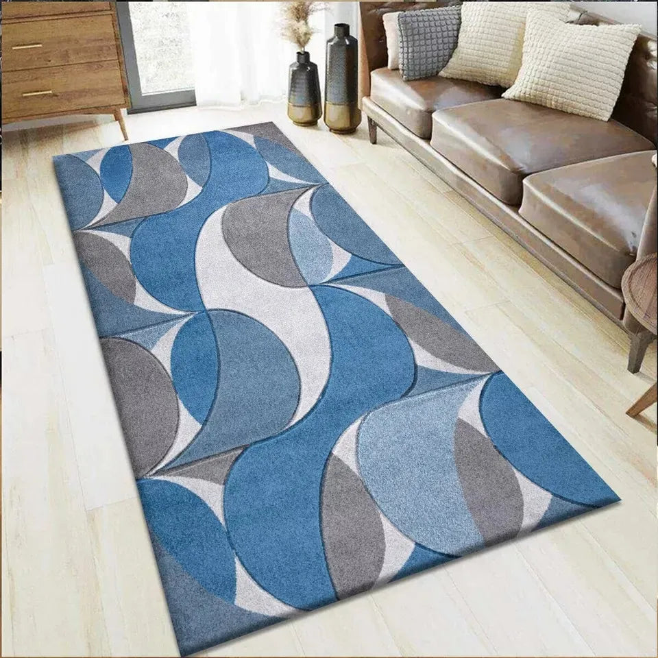 Geometric Hand Carved Runner Rugs Blue (Ken)