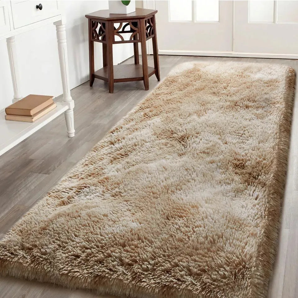 Soft Fluffy Decorative Beige Tye Dye Runner Shaggy Rugs (IR)