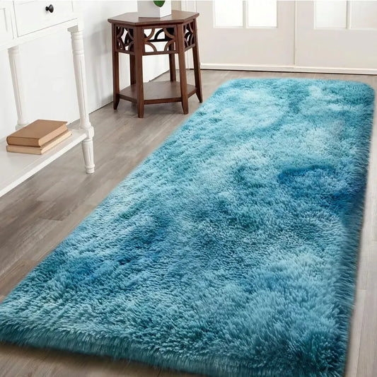 Soft Fluffy Decorative Teal Tye Dye Runner Shaggy Rugs (IR)