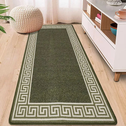 Washable Greek Key Runner Rugs Green & Cream (GK)