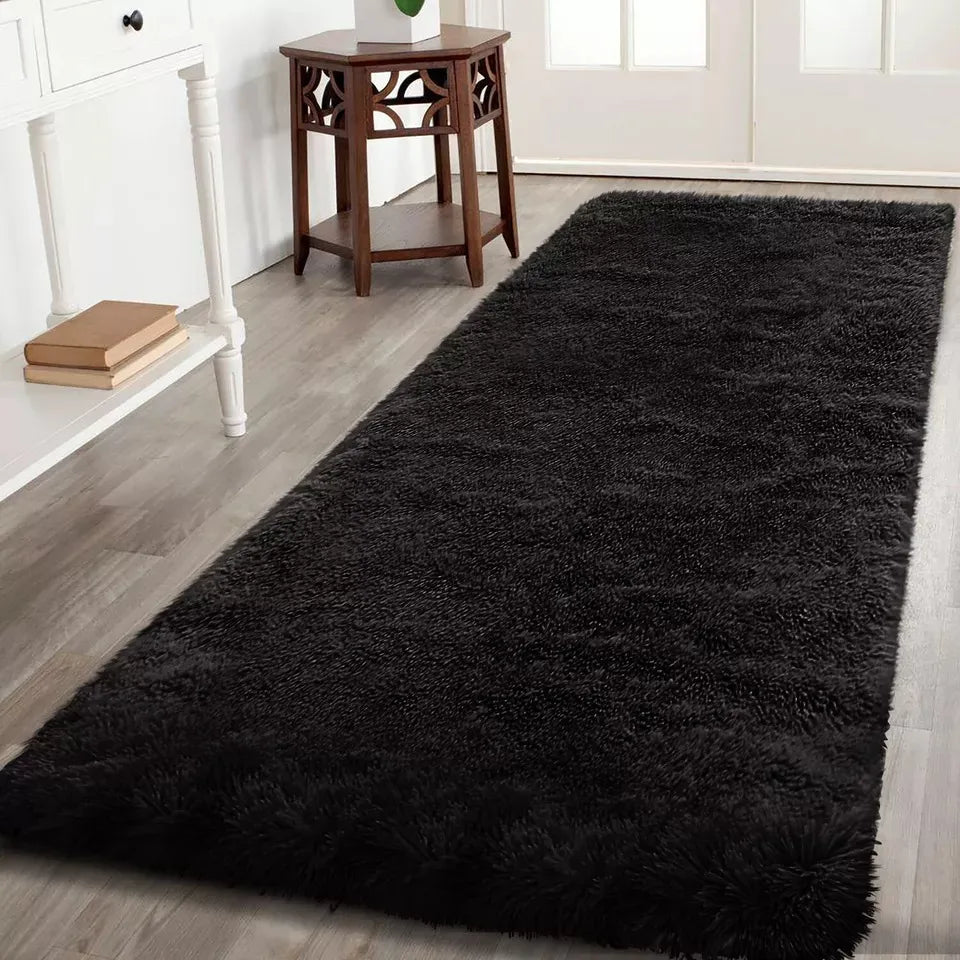 Soft Fluffy Decorative Black Runner Shaggy Rugs (IR)