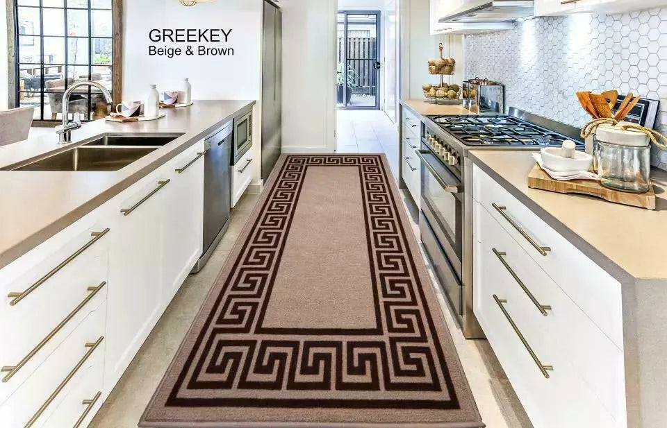 Washable Greek Key Runner Rugs Beige & Brown (GK)