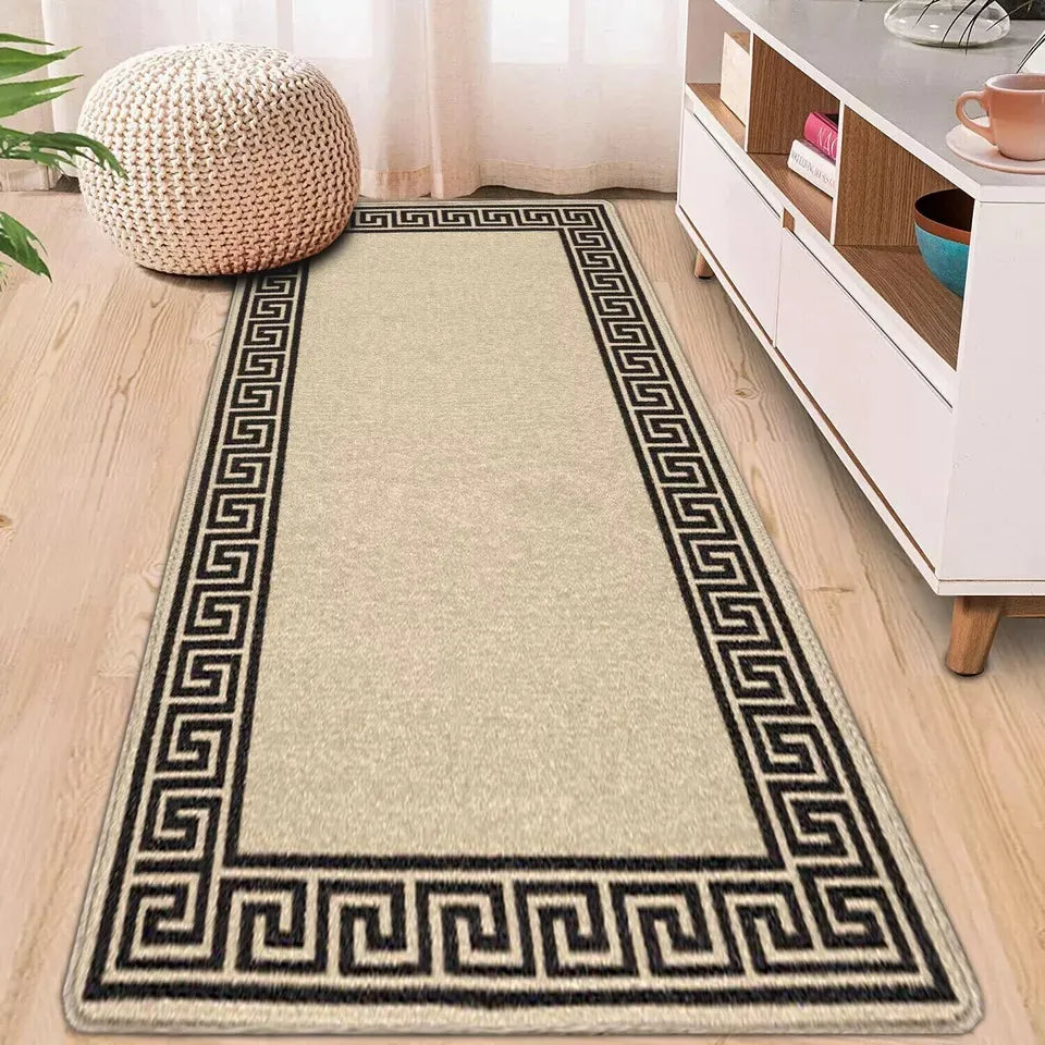 Washable Greek Key Runner Rugs Beige & Black (GK)