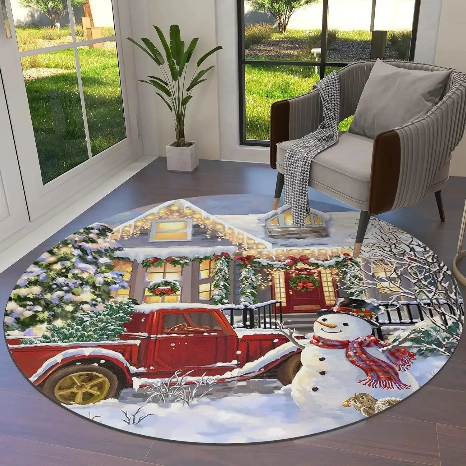 Christmas House Scene Round Rug