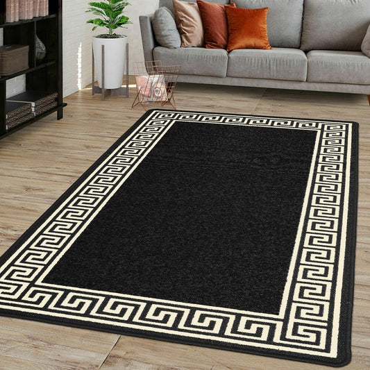 Washable Greek Key Rugs & Mats Black & Beige