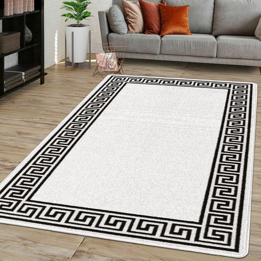 Pink Greek Vinyl Rug Ivory Greek Key Rug - Soft & Elegant Washable Rug