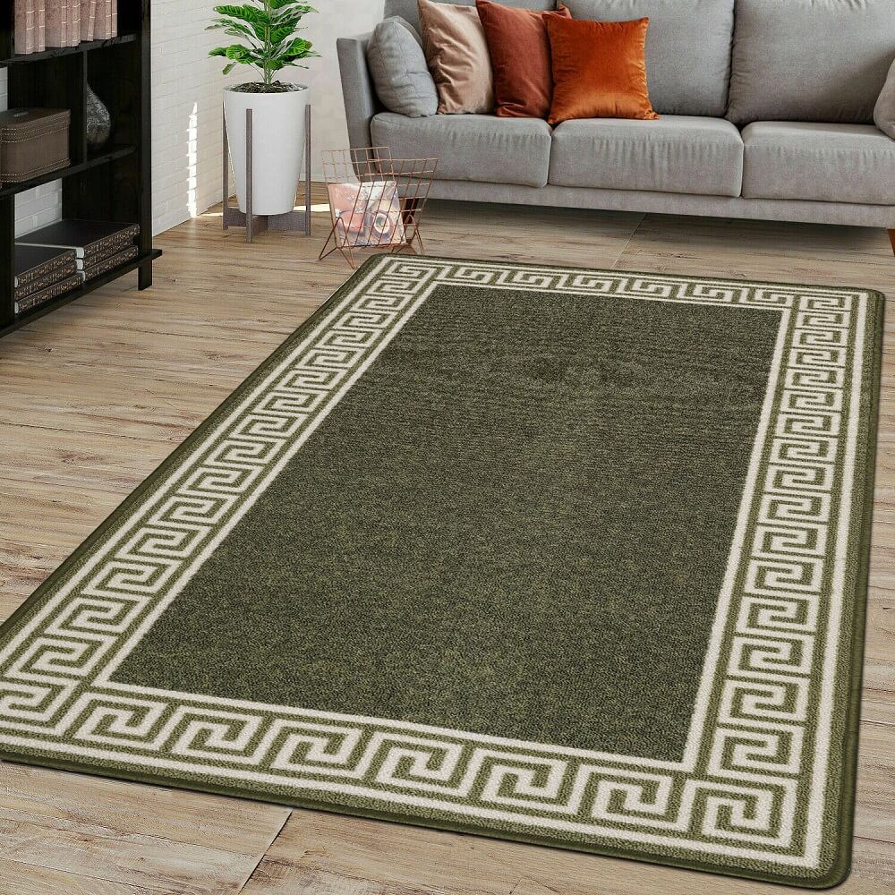 Green Greek Key Rug - Soft & Washable Modern Rug