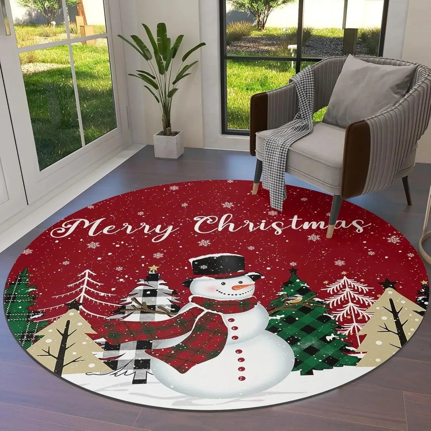 Merry Christmas Snowman Round Rug