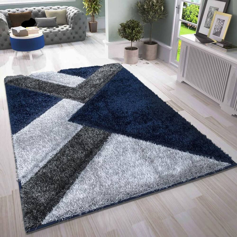 Blue Geometric Shaggy Rug - Cozy & Modern Area Rug