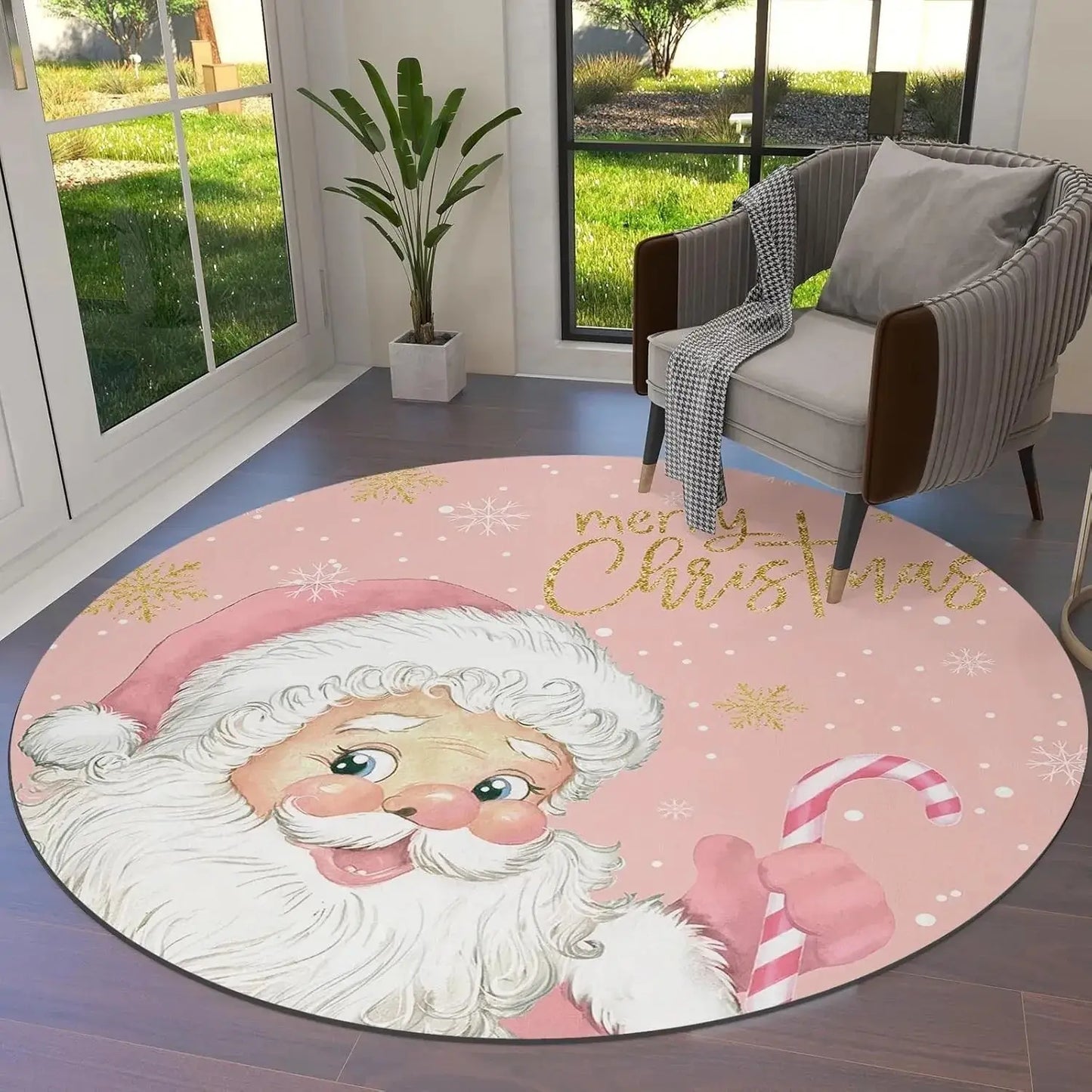 Pink Santa Christmas Rug – Round Festive Mat