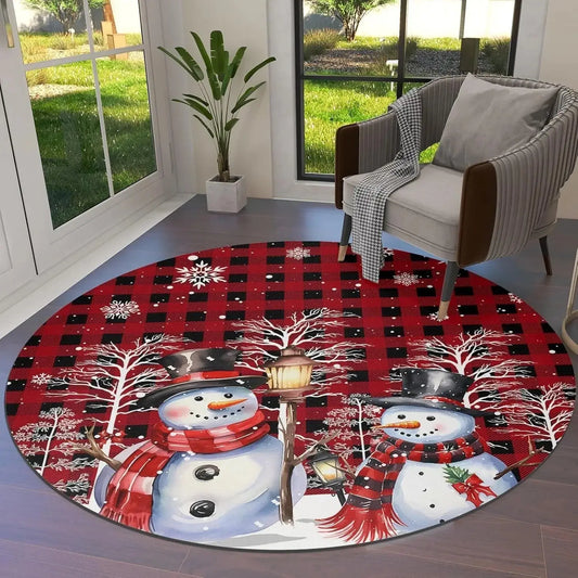 Red Check Snowman Round Christmas Rug