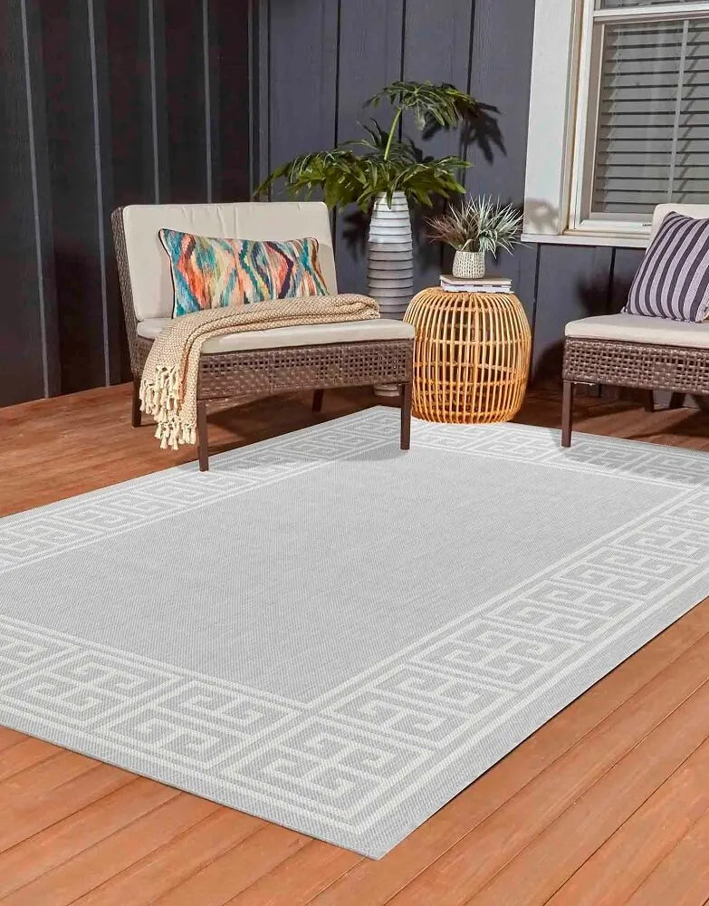 Sky Greek Key Living Room Area Rug Silver