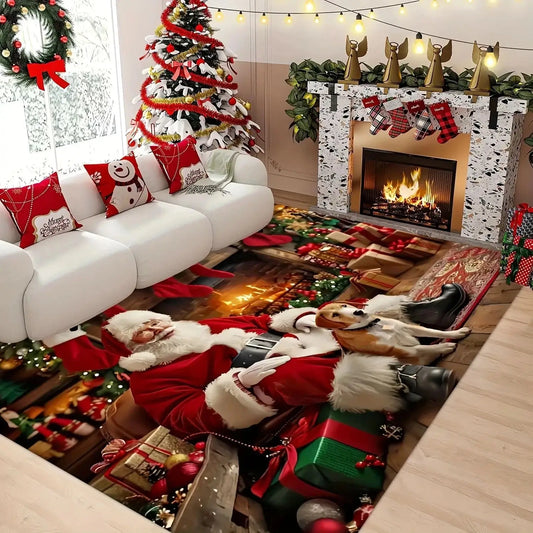 Santa & Dog Fireplace Christmas Rug
