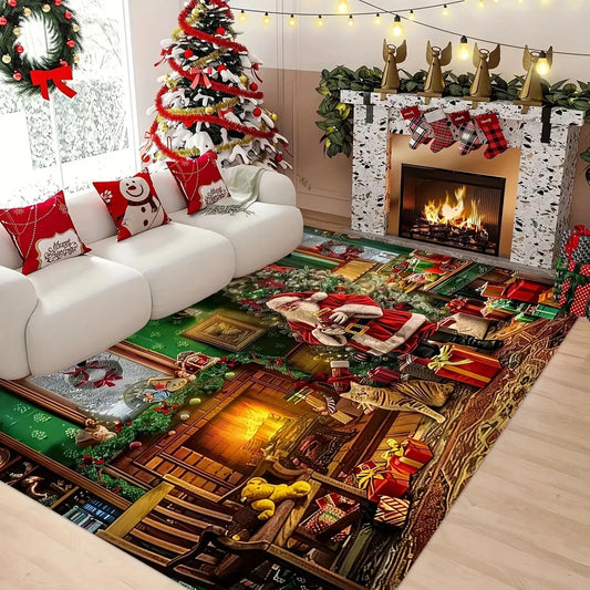 Santa at Fireplace Christmas Rug – Holiday Mat