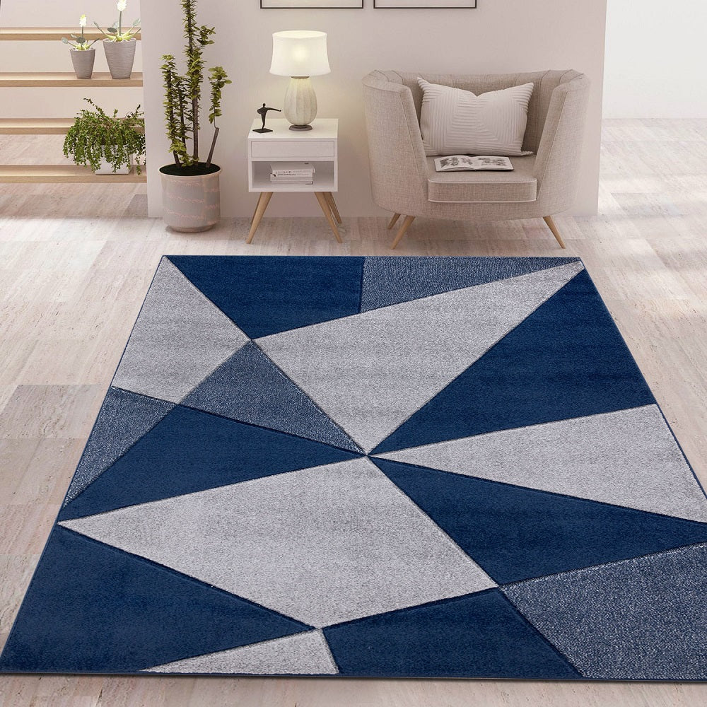 Hand Carved Geometric Rugs Navy (Ath)